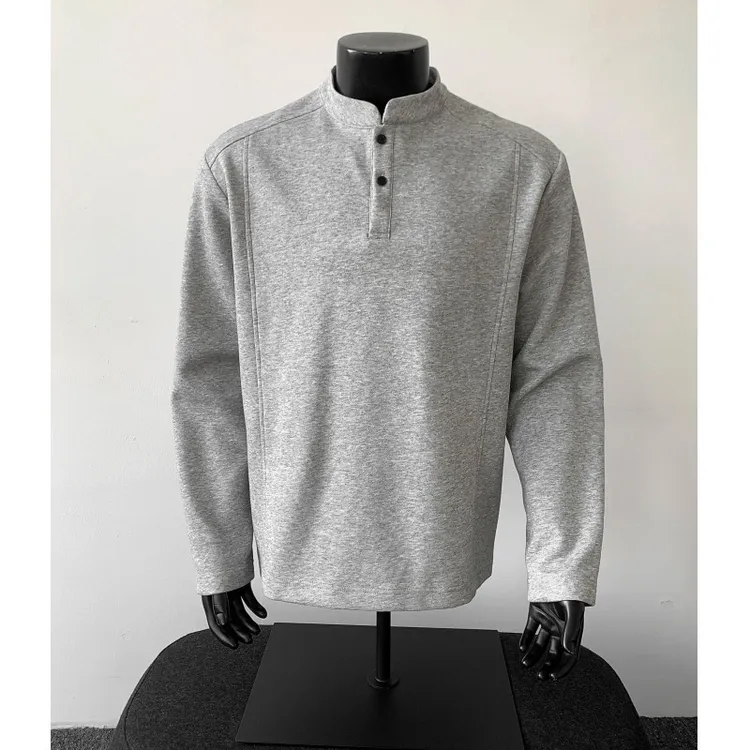 浅灰色解构亨利领t恤男秋季美式boxy版型polo衫长袖痞帅宽松上衣