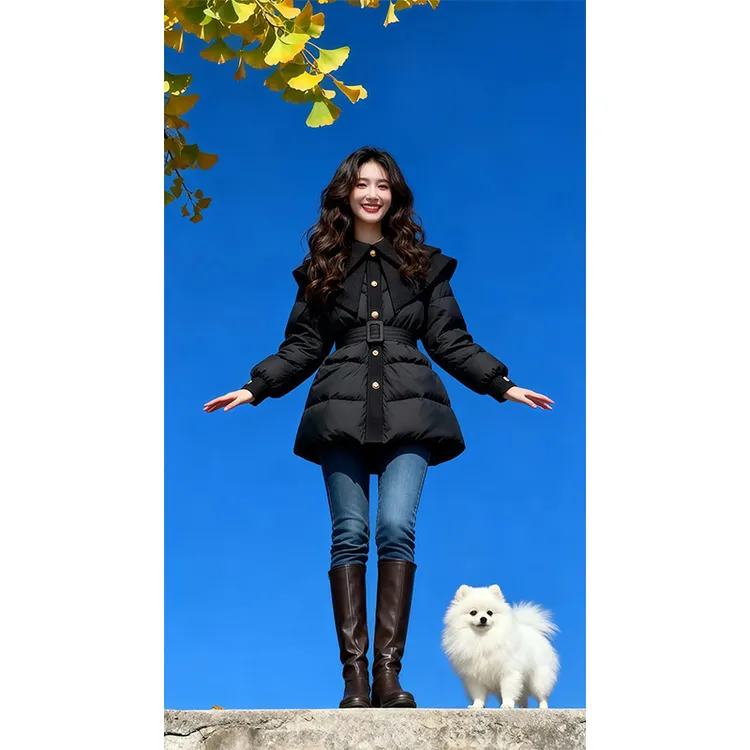 法式小香风大翻领中长款棉服女冬季收腰系带加厚保暖夹棉外套