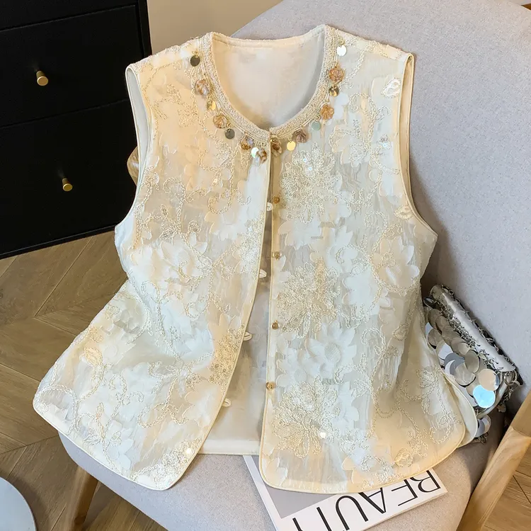 萱文姿2025夏季中式国风重工刺绣贝壳装饰马甲女宽松开叉无袖坎肩