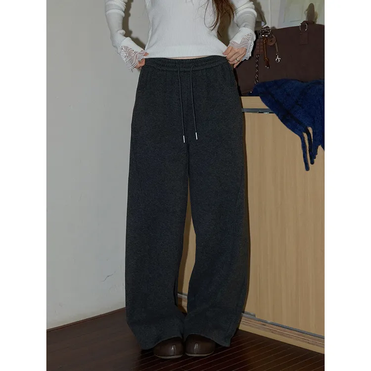 慵懒灰色加绒糯米弯刀裤女秋冬季厚款阔腿裤子高腰垂感休闲直筒裤