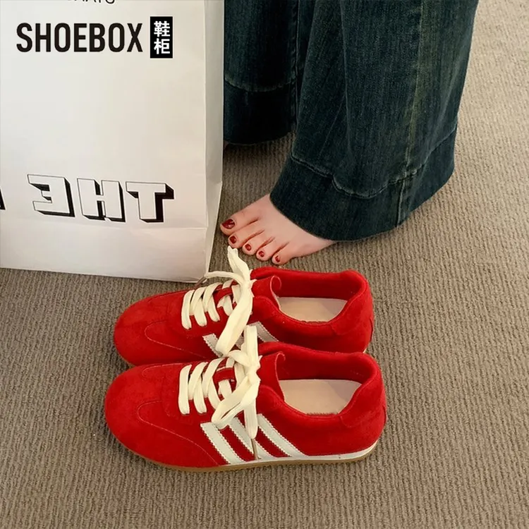 SHOEBOX鞋柜红色德训女鞋2025夏季新款复古百搭旅游休闲运动鞋