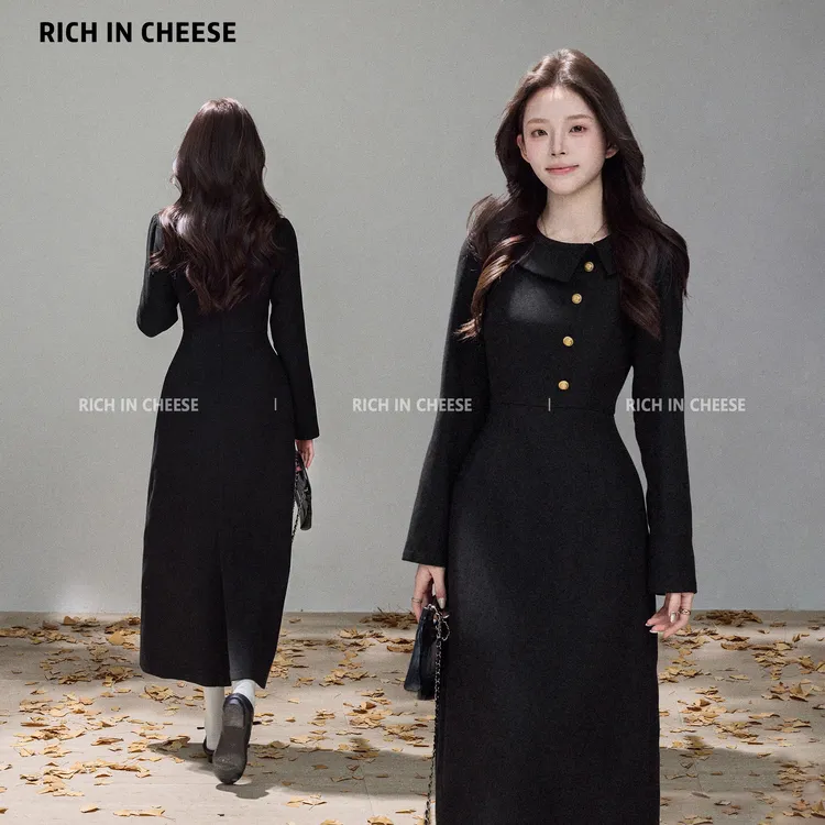 金川川 沪上千金【少量现货】法式秋冬贵气千金气质薄呢收腰连衣裙