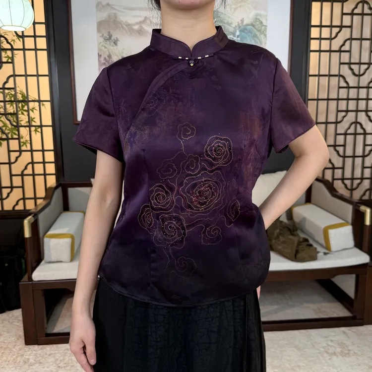 齐黛香云纱真丝上衣新中式绣花宽松短袖衬衫妈妈装