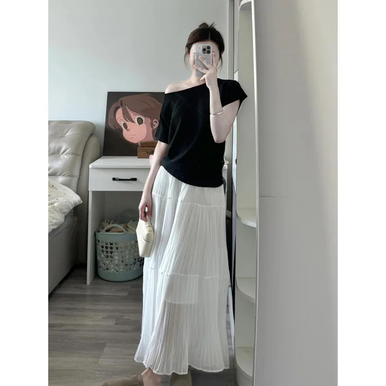 露肩收腰短袖T恤纯色百搭显瘦修身上衣女半身裙套装女