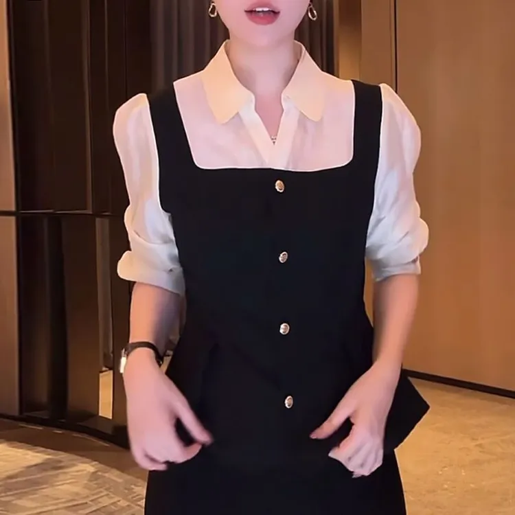 法式撞色衬衫女2025秋季新款高级感气质减龄休闲翻领收腰显瘦上衣