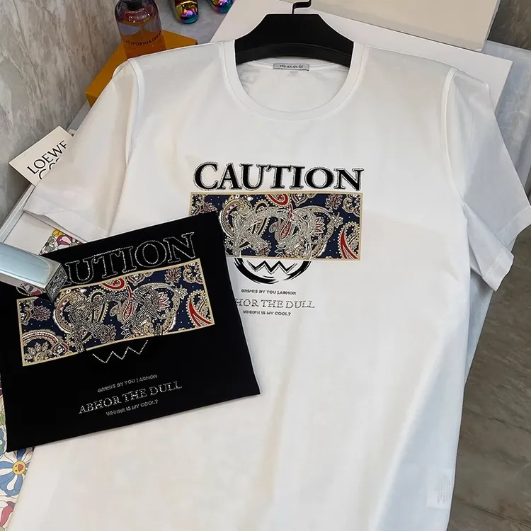 INGESARE高端潮牌短袖T恤男士字母烫钻夏季丝光棉时尚休闲上衣