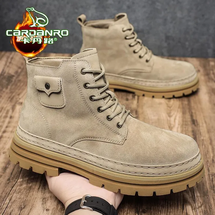 卡丹路马丁靴男款冬季加绒保暖棉鞋男皮鞋厚底耐磨运动高帮大黄靴