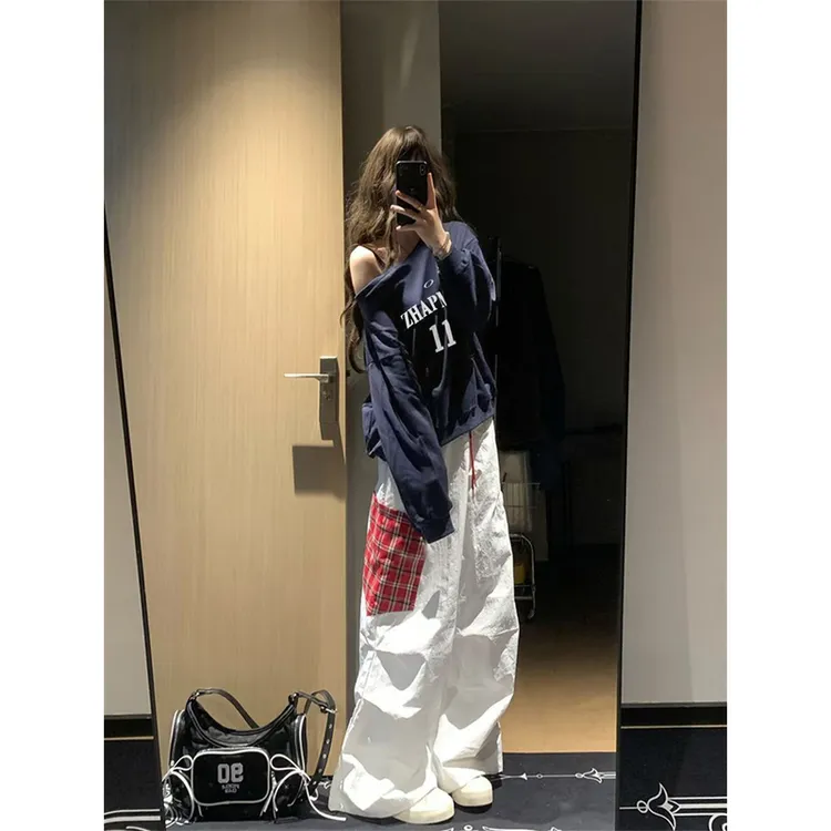 【ZHAP】斜领露肩百搭卫衣女新款藏青色秋冬加绒加厚港风简约厚实高