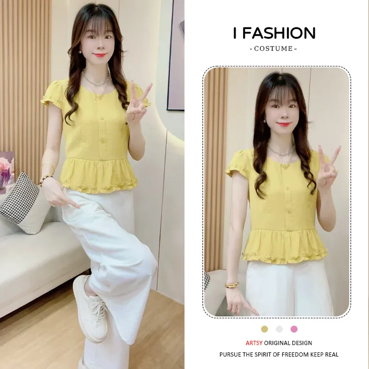 法式木耳花边短袖衬衫女2026年夏季新款时尚拼接洋气减龄显瘦上衣