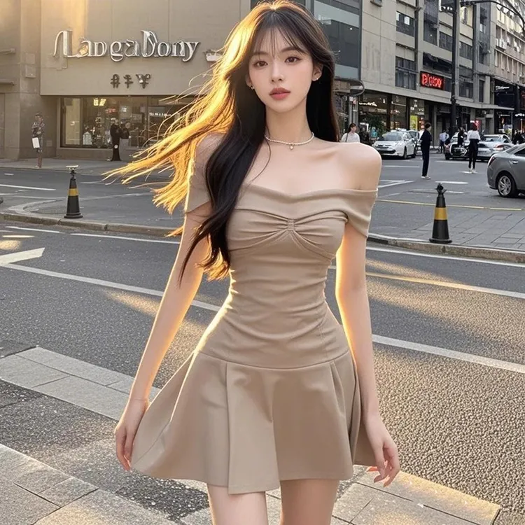 【KEKE】小气质辣妹设计感一字肩别致收腰显瘦a字连衣裙小个子短款