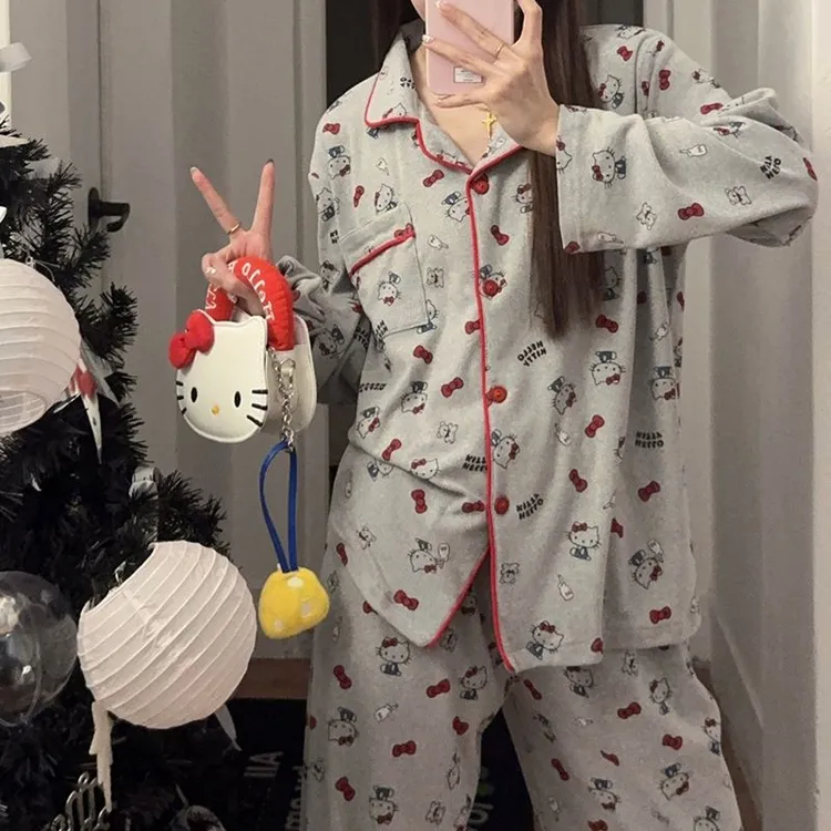 2025新款秋冬卡通开襟KT猫德绒保暖长袖长裤睡衣女翻领可外出套装