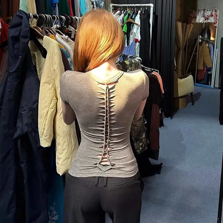 翰代维收腰显瘦正肩短袖T恤女设计感后背镂空性感百搭修身上衣ins