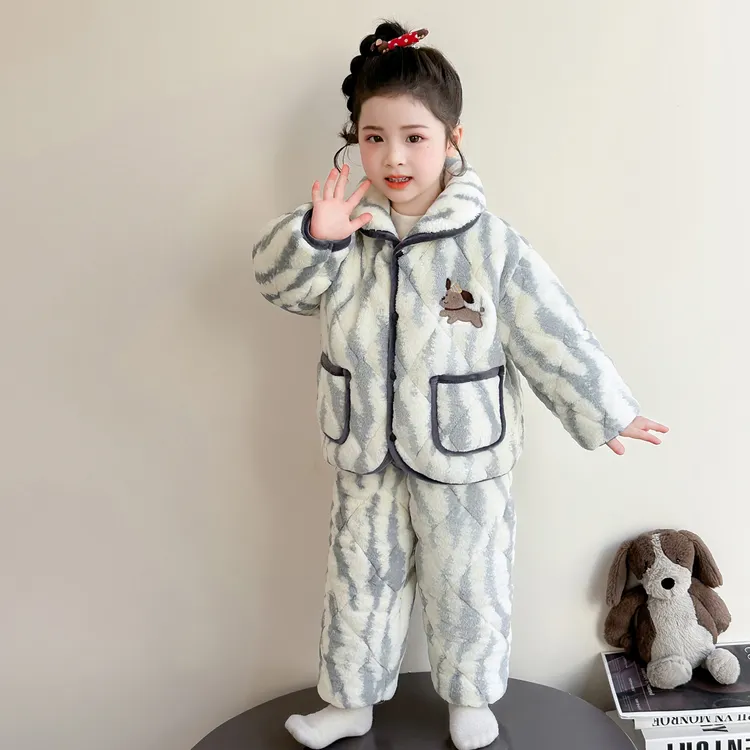 女童珊瑚绒睡衣三层夹棉儿童加绒加厚保暖套装小女孩法兰绒家居服