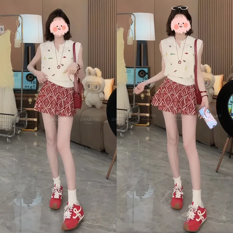 多巴胺服装女时尚洋气复古减龄短袖针织衫+碎花短裙两件套韩版潮