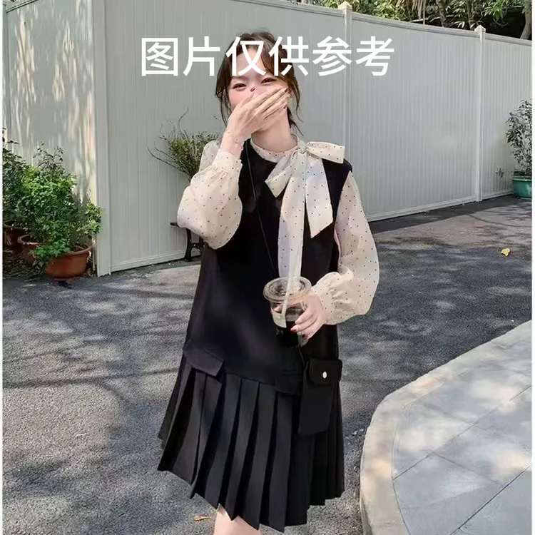 【晴儿家】秋季韩系千金风百褶背心连衣裙+衬衫系绳内搭两件套1973