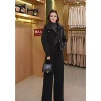 秋冬季新款女翻领厚款时尚简约毛呢夹棉外套+裤子套装