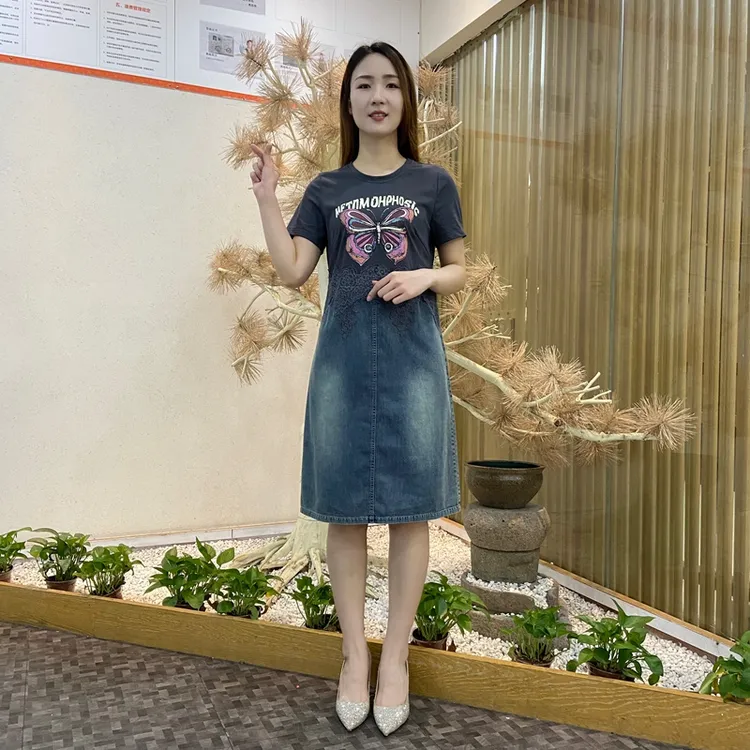 印花减龄款夏季连衣裙拼接休闲裙子中长款气质圆领遮肉显瘦牛仔裙