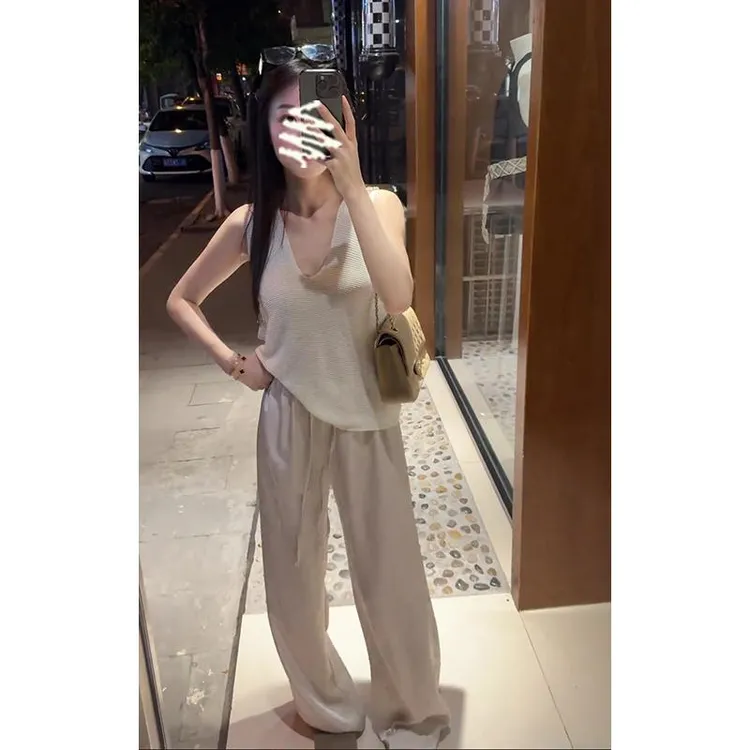 INS CEC2025夏季新款韩系穿搭V领无袖上衣百搭高腰松紧直筒长裤女