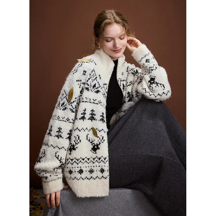 鲸乎圈圈毛费尔岛拉链开衫女25冬高领休闲提花针织毛衣外套松弛感