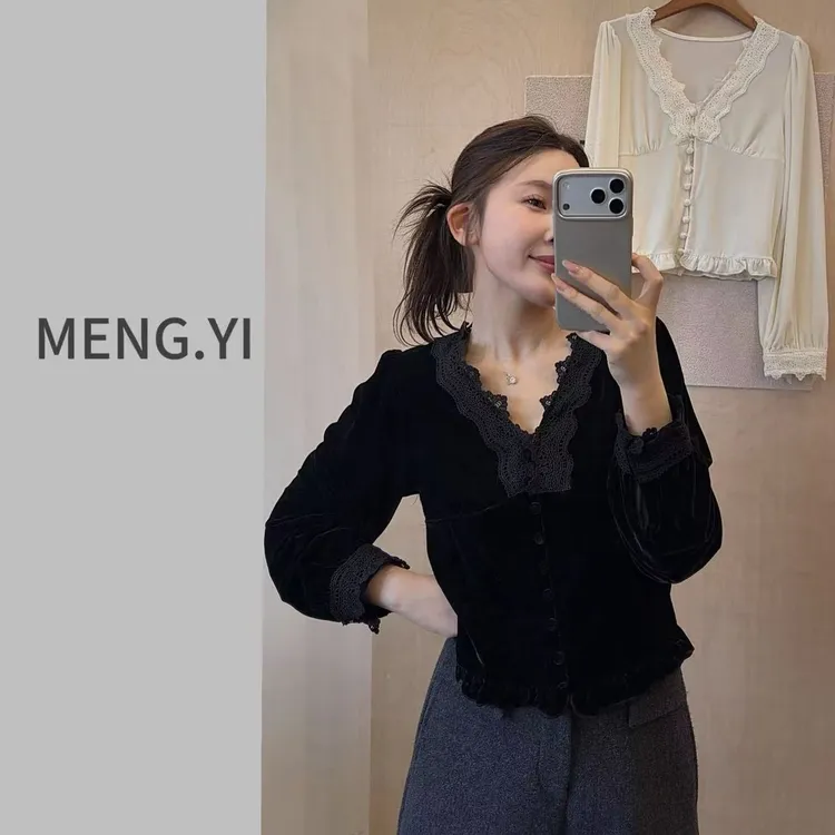 MENG.YI丝绒木耳花边精致上衣5466