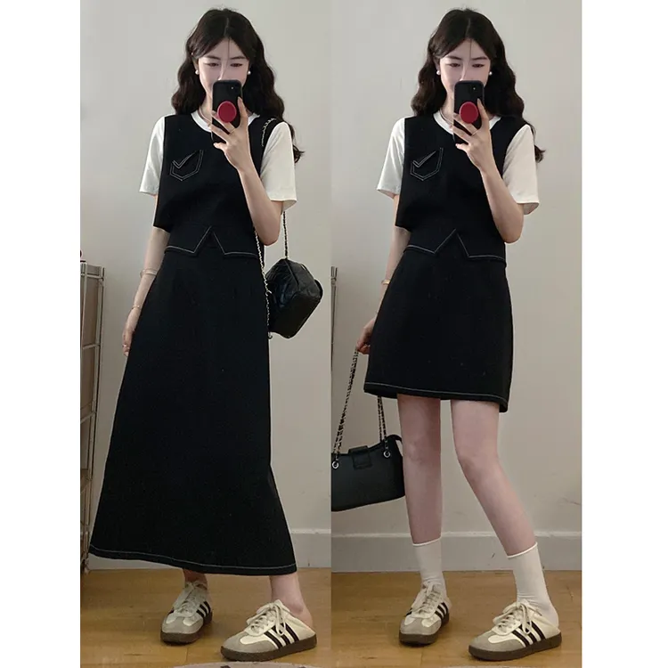 大码女装夏季胖mm立体明线假两件后背排扣上衣加半身裙洋气两件套