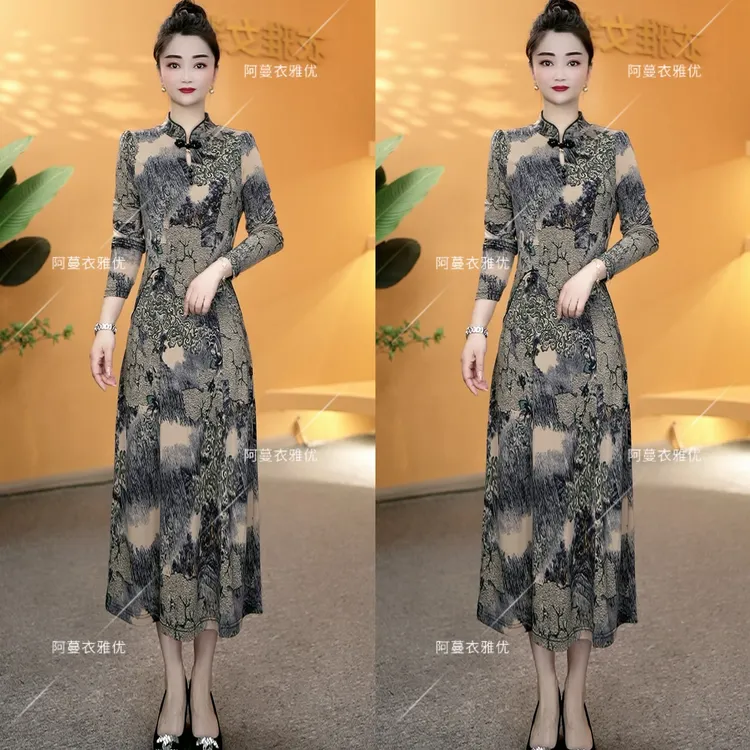 【衣雅严选】8127-1509#新款钉珠盘扣丝弹力缎面改良旗袍连衣裙