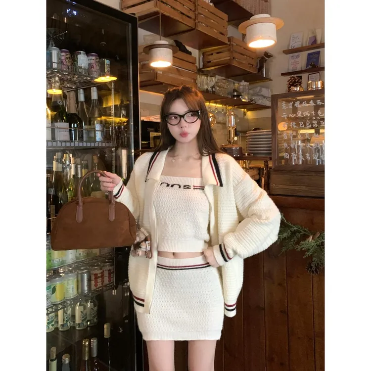 【繆系老钱】复古欧美风休闲撞色边针织外套~吊带~半身裙套装