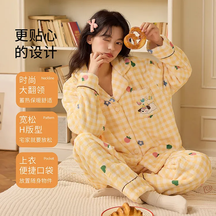 法兰绒睡衣女冬季加厚珊瑚绒家居服女甜美卡通少女保暖套装可外穿