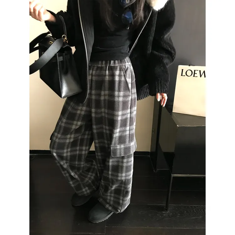 区区欧阳'暖暖散步裤'格子控必入！重磅蓄热磨毛复古直筒阔腿裤冬