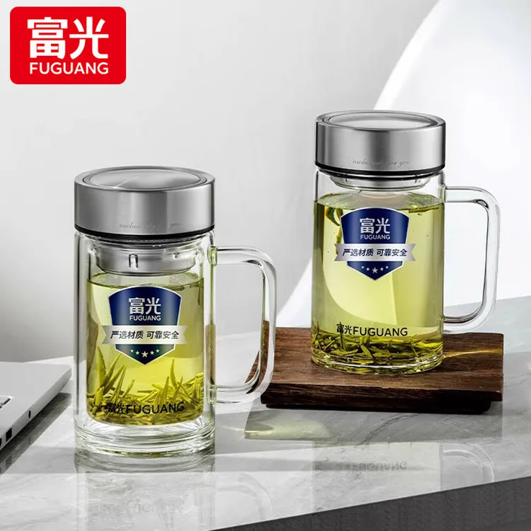 富光双层玻璃杯便携办公杯子带把手大容量耐热水杯子商务泡茶杯 