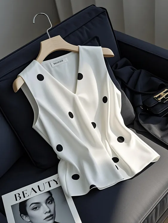 2025年夏季新款韩版时尚百搭宽松显瘦背心洋气v领无袖波点上衣女