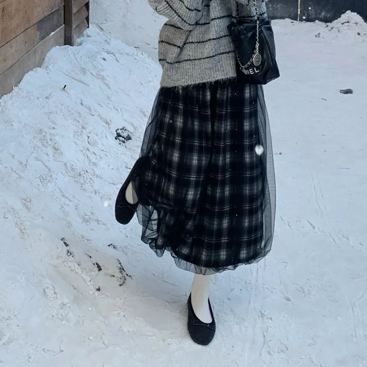 【赵小小&永恒派对】N-98073 网纱格子拼接花苞设计感中长a字半身裙