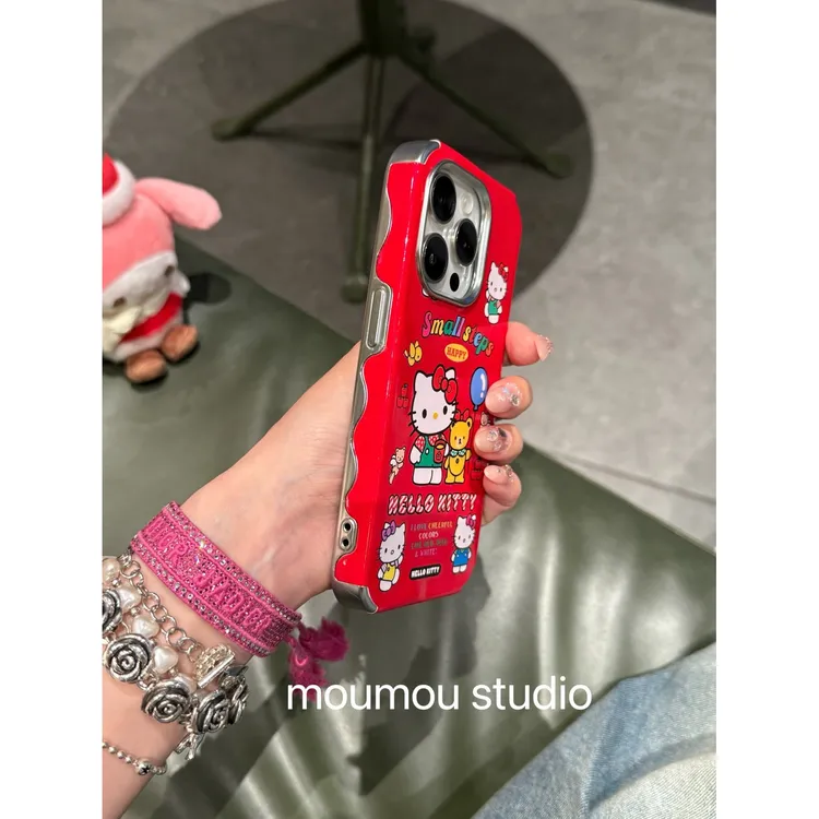 漆皮问红色猫咪适用于苹果16promax手机壳15Pro保护套14/13少女款