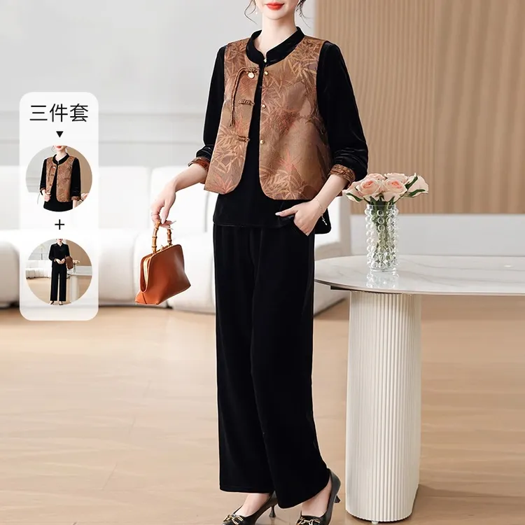 妈妈春装国风金丝绒三件套洋气马甲中老年女装春秋新中式衬衫套装