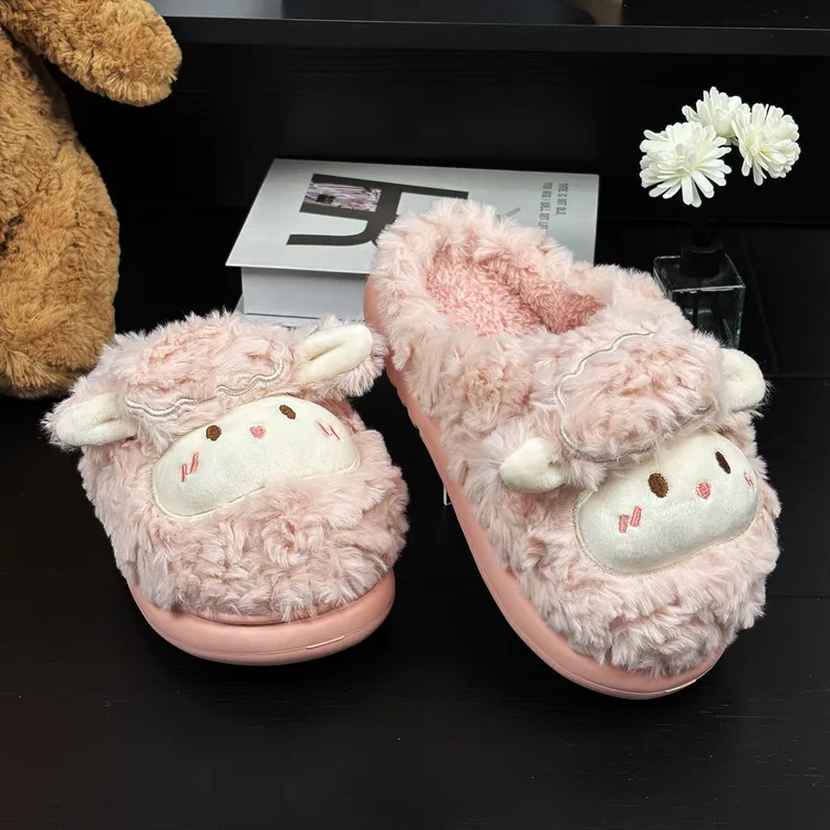 卡通小羊咩咩加绒防滑软底冬季居家保暖室内棉拖鞋毛绒厚底毛拖