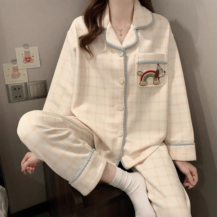 格子小狗睡衣女款秋冬季加厚三层空气夹层棉长袖长裤可外穿家居服