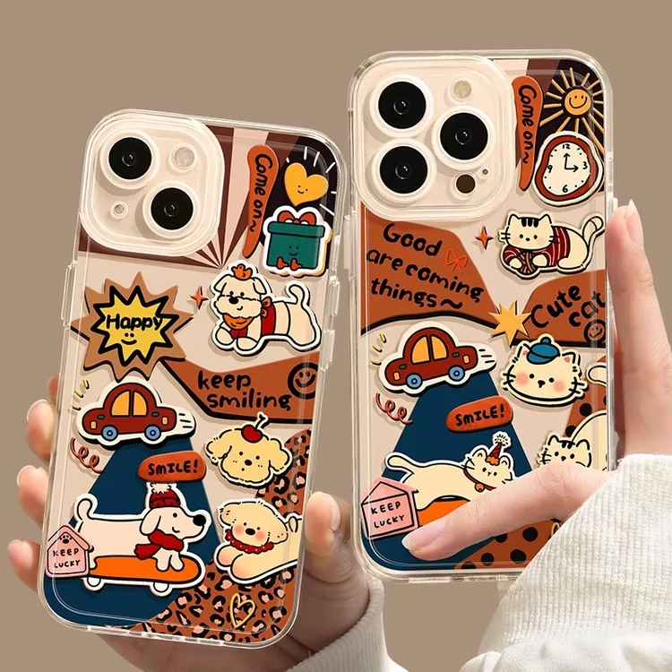 复古猫狗苹果适用iPhone15promax苹果14情侣手机壳16可爱12卡通13