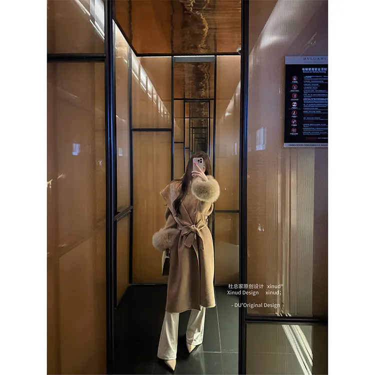 杜总家 老钱秀场*秋冬高奢狐狸毛袖翻领双面羊毛呢子大衣外套女