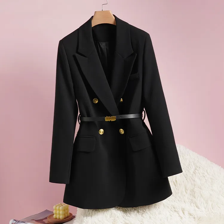 春秋百搭西装毛呢外套女双排扣显瘦黑色西服上衣【送腰带】