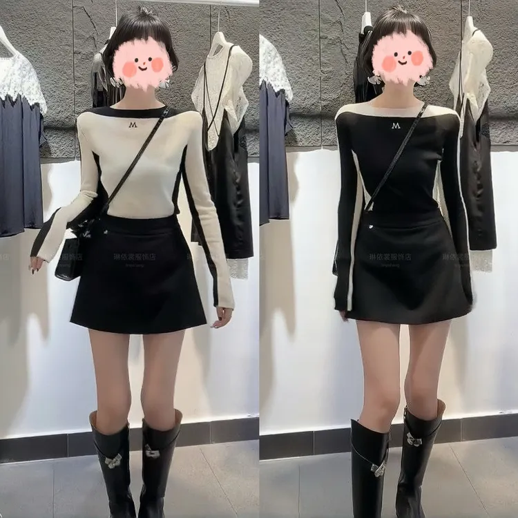 2025早秋新款显瘦轻奢风复古时尚长袖针织衫ins风百搭短裙套装女