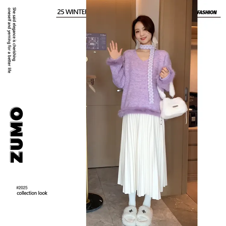 2025新款韩系慵懒感氛围V领针织毛衣搭孕妇百褶半身裙套装两件套