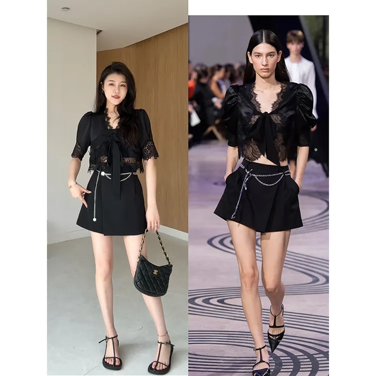 张阿星【耀眼时刻】微透蕾丝定制显瘦上衣+腰链高腰半裙W425A00827