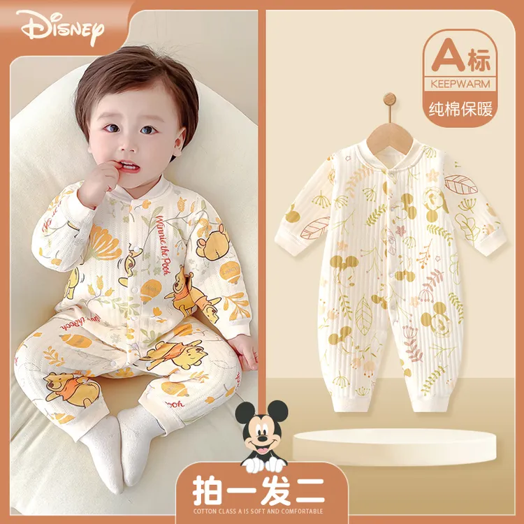 Disney/迪士尼婴儿连体秋冬装纯棉初生宝宝秋冬夹棉冬季保暖哈衣