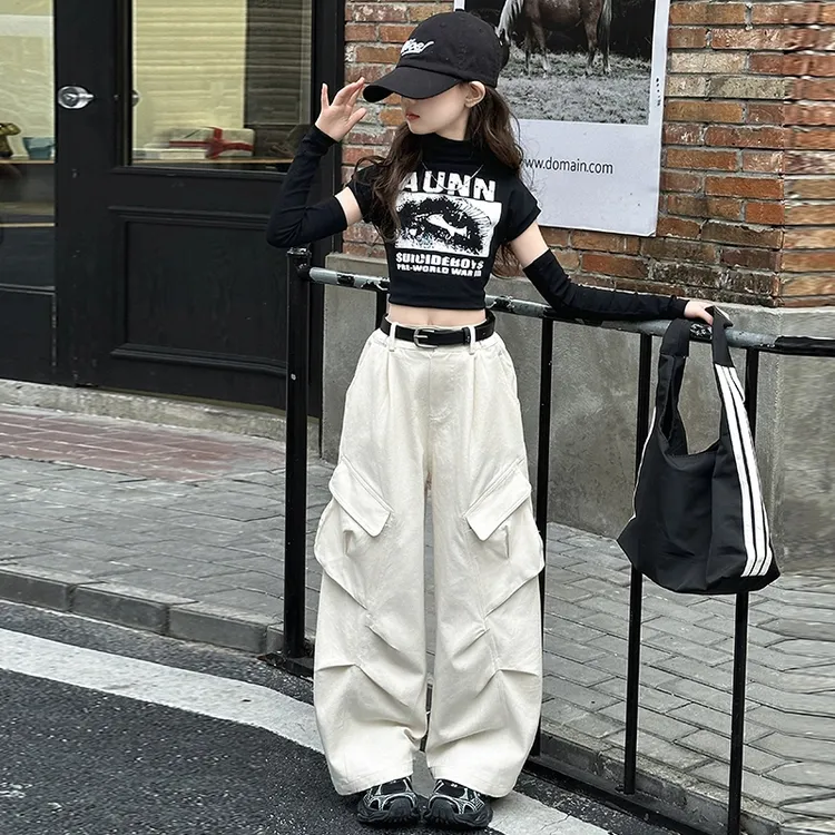 女童春装套装2025新款儿童洋气时髦断袖打底衫中大童工装裤两件套
