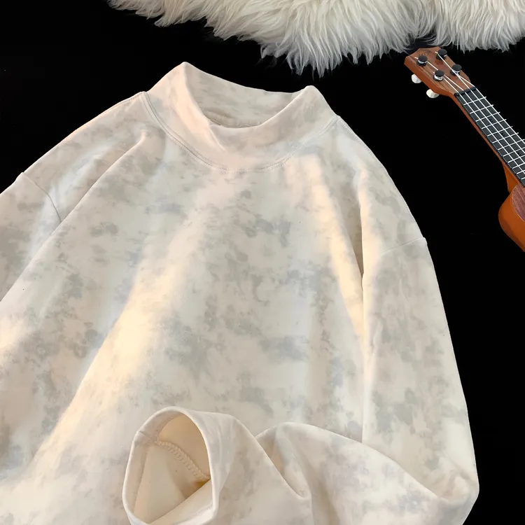 扎染半高领德绒长袖秋冬新款潮牌内搭青少年宽松打底衫男重磅男士