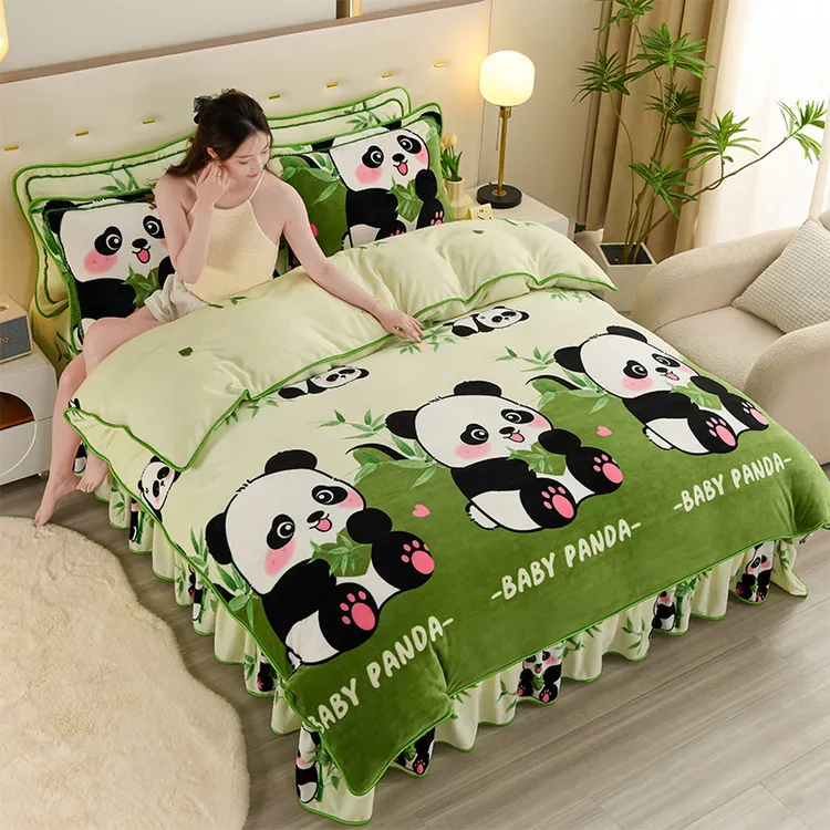 冬季加绒牛奶绒四件套双面加厚珊瑚绒被套床单床裙床上用品三件套