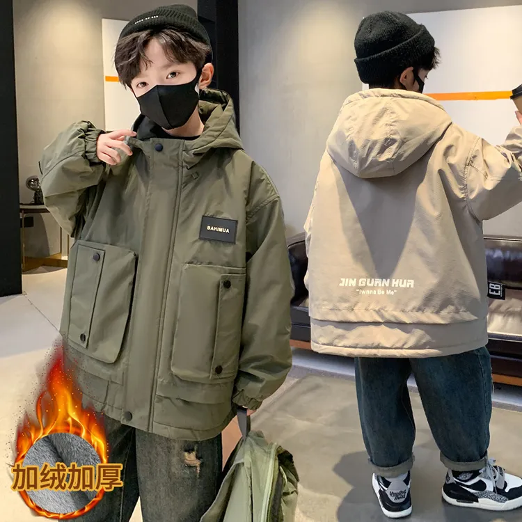 男童夹棉外套冲锋衣冬季2025新款中大童洋气冬装男孩加厚派克服潮