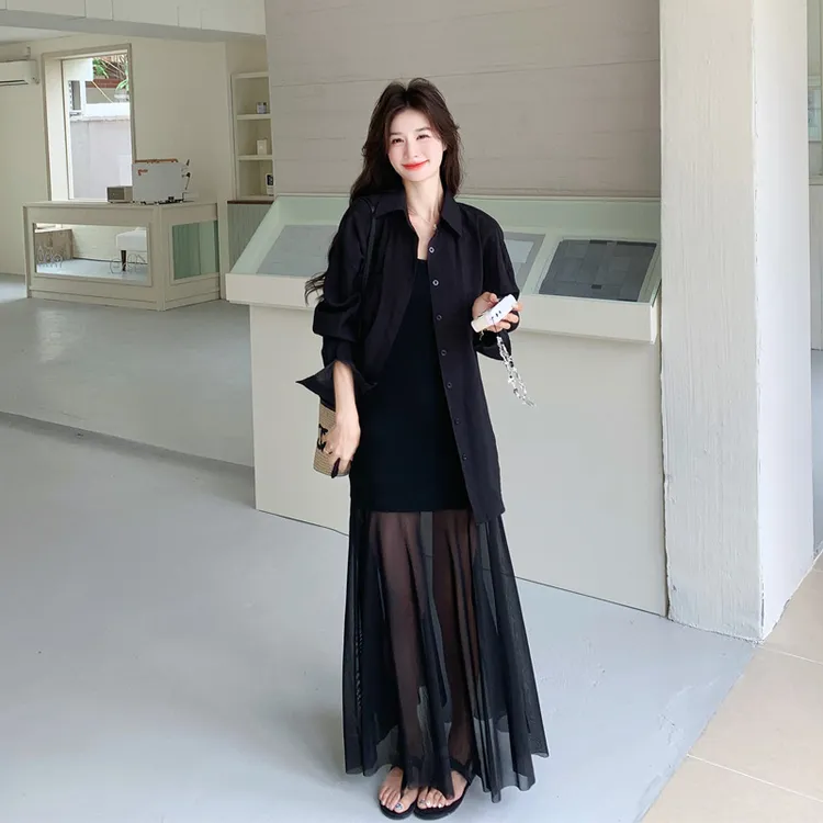 纯欲系性感轻熟风套装裙2025早秋新款后背抽绳衬衫针织网纱吊带裙