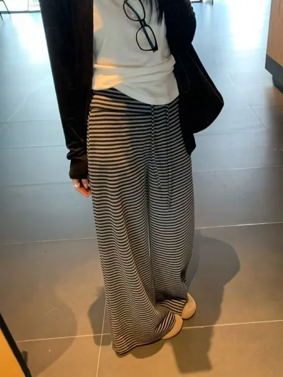 番茄妹妹Tomatosister 慵懒宽松百搭显瘦条纹休闲裤抽绳直筒长裤