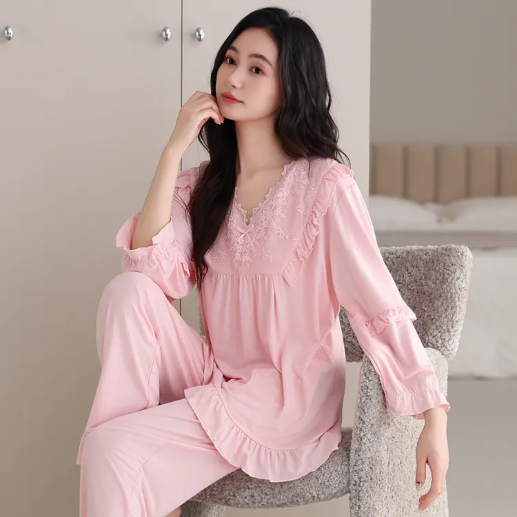 睡衣女夏季七分袖长裤莫代尔新款女士宽松大码春秋夏天薄款家居服